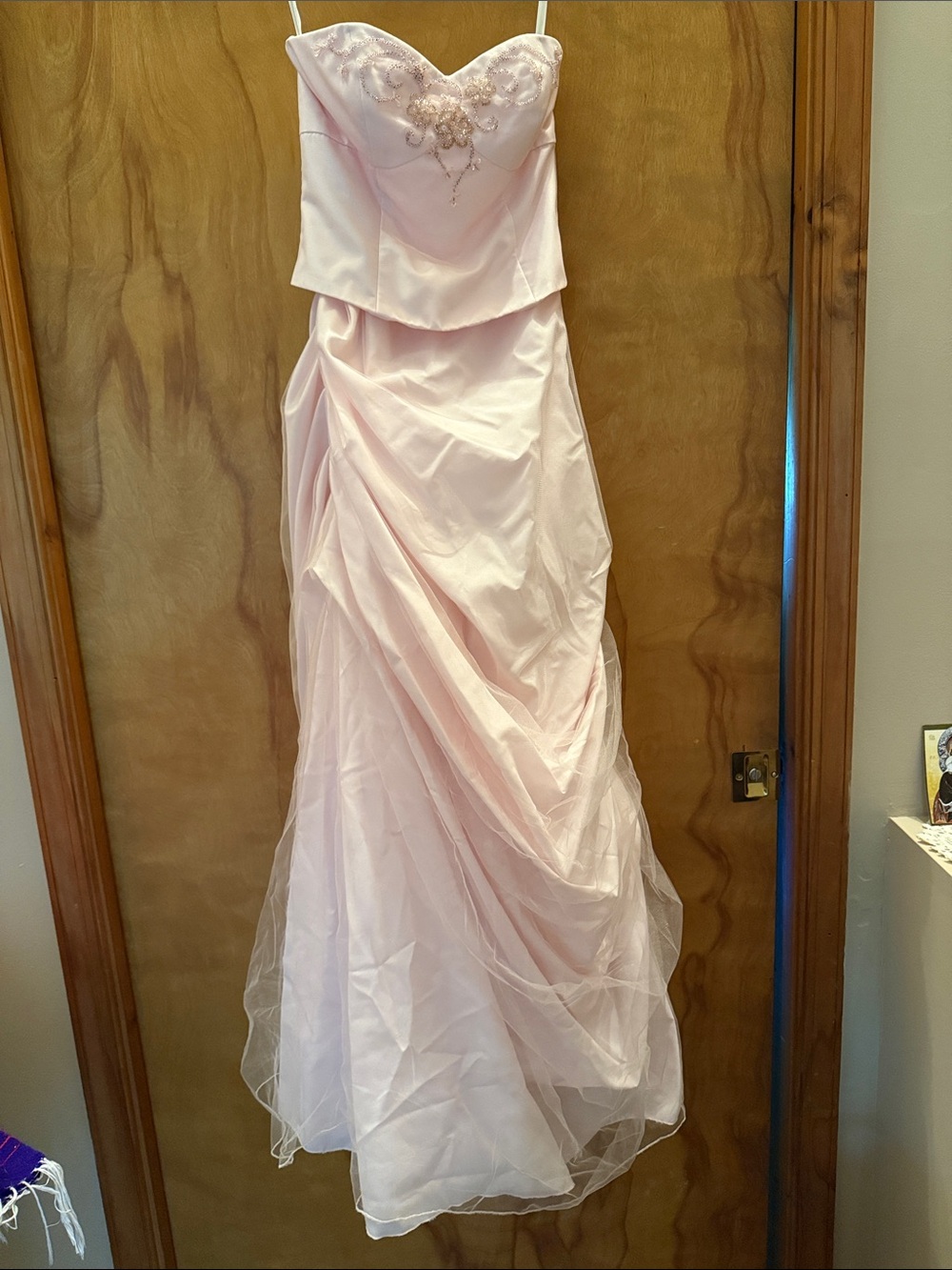 David's Bridal Light Pink Strapless Prom Dress with Embellished Bodice